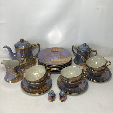 23pc Service for 6 Vintage Japanese Blue Lusterware Luncheon Set