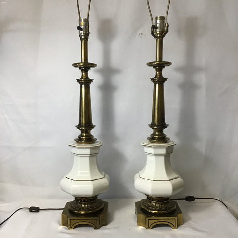 Pair of Vintage Mid-Century Stiffel Brass & Porcelain Table Lamps