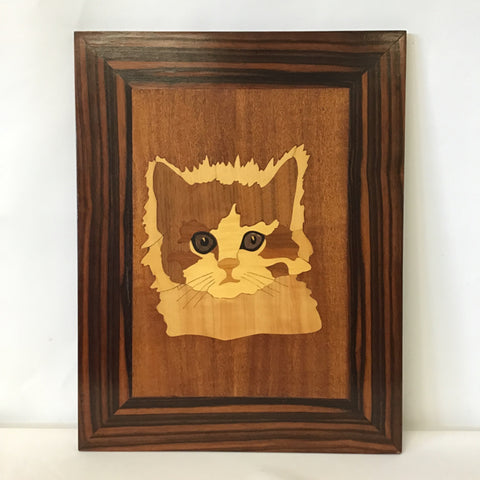 Vintage Mid-Century Inlaid Mixed Wood Cat Portrait