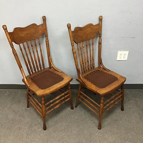 Pair of Vintage Solid Oak Leather-Seat Dining Chairs
