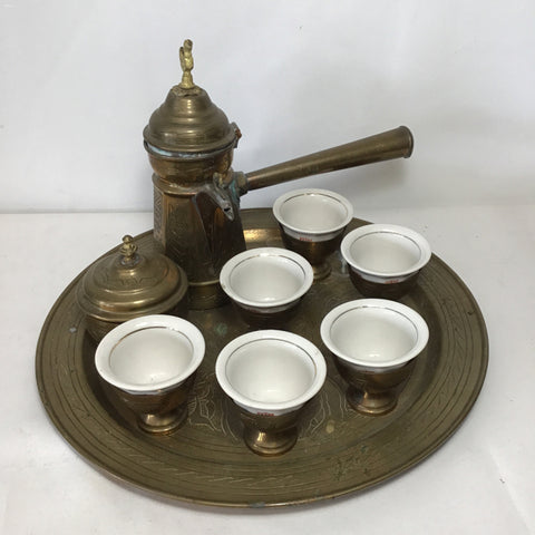 Decorative Vintage 16pc Brass & Porcelain Turkish Coffee Service