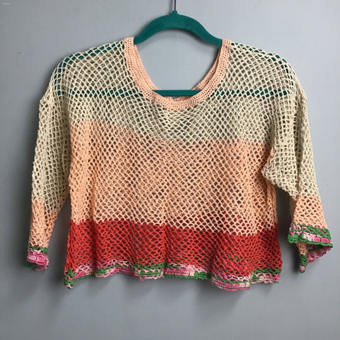 Mama Hatsy Half-Sleeve Crochet Crop Top, Pink Coral Fade