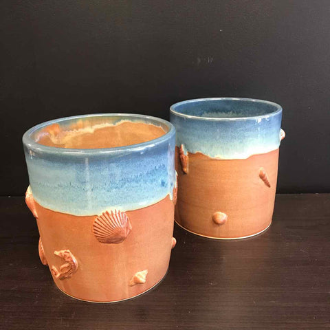 Bethany Resnick Pottery Large Utensil Holder w/ Seahorse/Shell Imprints