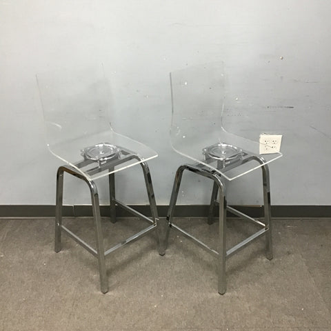 Pair of Modern Clear Acryclic & Chrome Swivel Counter Stools