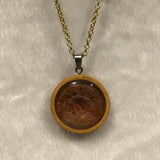 Twin Cat Orange Textured Design  in Wood Bezel Necklace on Gold Chain