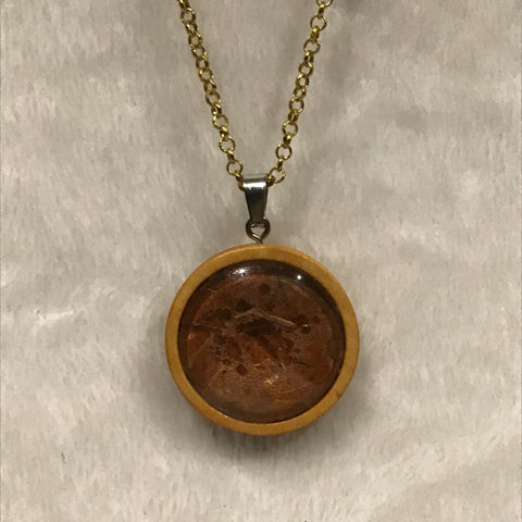 Twin Cat Orange Textured Design  in Wood Bezel Necklace on Gold Chain
