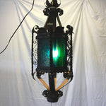 Vintage Gothic Flat Iron & Green Stained Glass Hanging Lamp