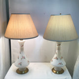 Pair of Vintage MC Floral-Painted White Glass Table Lamps