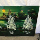 Vintage Mother-of-Pearl Inlaid Green & Black Lacquer Quadriptych
