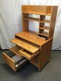 Modern Oak Veneer Rolling Computer Desk & Hutch
