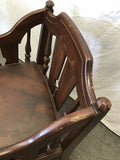 Vintage Jacobean Revival Solid Walnut & Brown Vinyl Rolling Armchair