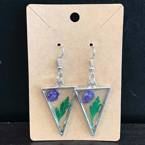 Rustic Petal Shop Pressed Purple Flowers in Silver Triangle Earrings