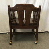 Vintage Jacobean Revival Solid Walnut & Brown Vinyl Rolling Armchair