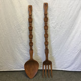 2pc Oversized Carved Tropical Wood Spoon & Fork