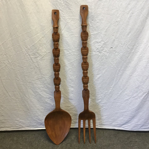 2pc Oversized Carved Tropical Wood Spoon & Fork