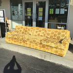 Vintage Mid-Century Yellow Bold Floral Velveteen 3-Cushion Sofa