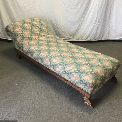 Reupholstered Antique Green Floral & Oak Chaise Lounge