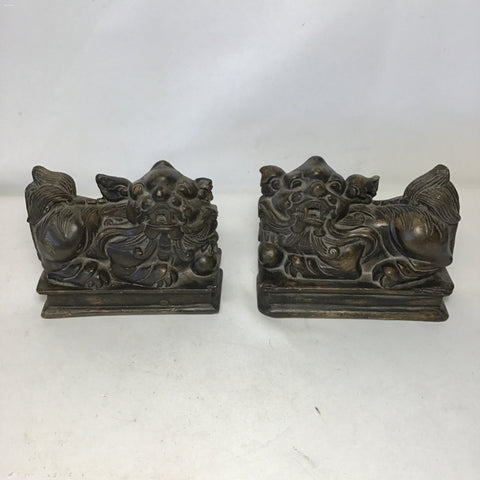 Pair of Vintage Bronze-Painted Ceramic Foo Dog Bookends