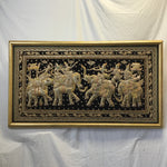 Vintage Framed Hand Embroidered Black & Gold Pillowed Elephant Tapestry
