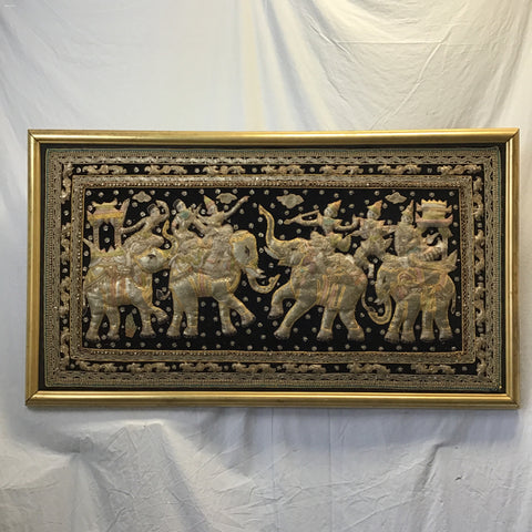 Vintage Framed Hand Embroidered Black & Gold Pillowed Elephant Tapestry