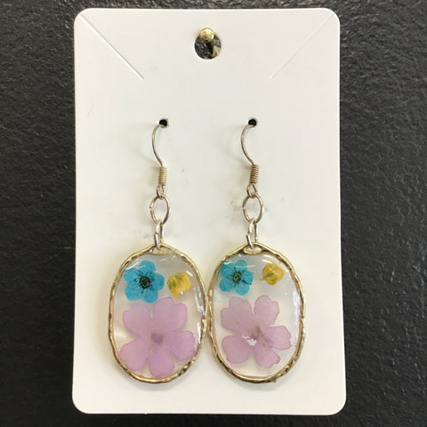 Rustic Petal Shop Pressed Lavender & Blue Flowers in Gold Oval Earrings