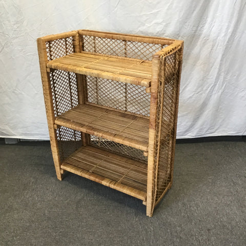 Vintage Medium-Stained Wicker 3-Tier Folding Shelf