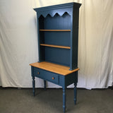 Vintage Farmhouse Solid Oak & Blue Laminate Side Table & Hutch