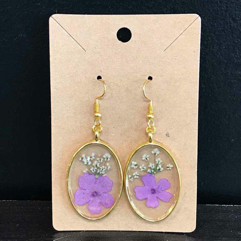 Rustic Petal Shop Pressed Purple & White Flowers in Gold Oval Earrings