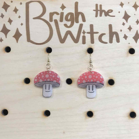 Brigh the Witch "Red Mushrooms" White Acrylic Earrings