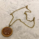 Twin Cat Orange Textured Design  in Wood Bezel Necklace on Gold Chain