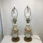 Pair of Vintage Floral Painted White Glass Table Lamps