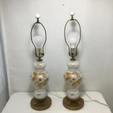 Pair of Vintage Floral Painted White Glass Table Lamps