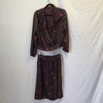 2pc Black & Red Silk Blouse & Midi Skirt