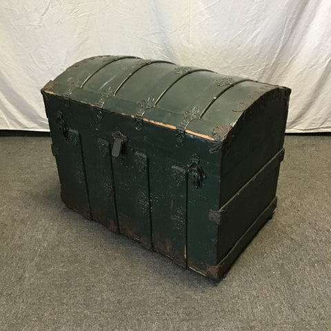 Vintage Green Painted Wood & Metal Dome-Top Steamer Trunk