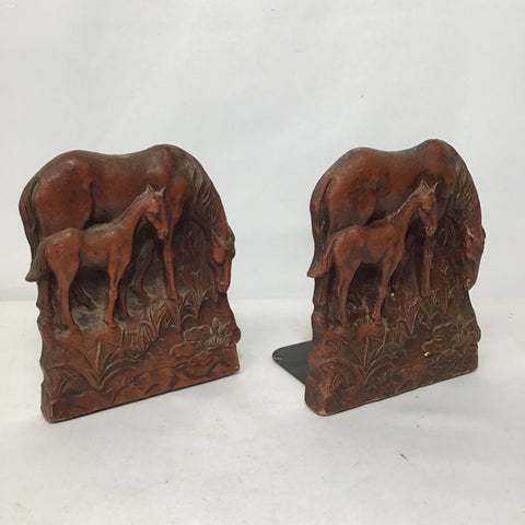 Pair of Vintage Farmhouse Syroco Wood Mare & Foal Bookends