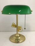 Vintage Green Glass & Brass Metal Banker's Table Lamp