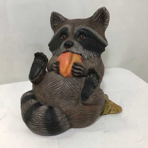 Vintage Signed Painted Ceramic Figure of Raccoon Eating Peach