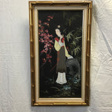 Vintage Faux-Bamboo Framed Painting of Geisha on Canvas