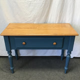 Vintage Farmhouse Solid Oak & Blue Laminate Side Table & Hutch