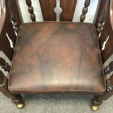 Vintage Jacobean Revival Solid Walnut & Brown Vinyl Rolling Armchair