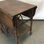 Vintage Walnut Veneer Drop-Leaf Rolling Tea Cart