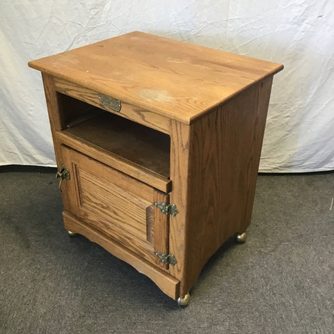 Vintage White-Clad Solid Oak Rolling Stereo Cabinet