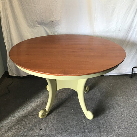 Modern French Country Green & Dark-Stained Solid Cherry Pedestal Dining Table