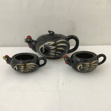 3pc Vintage MCM Black Ceramic Rooster Tea Set