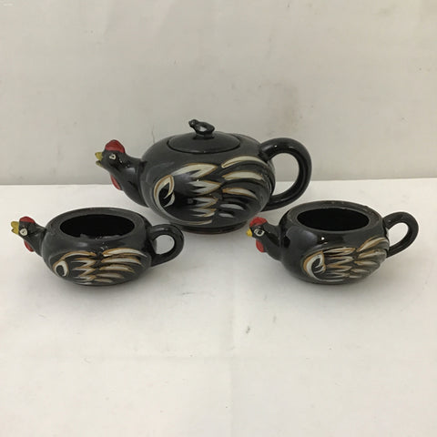 3pc Vintage MCM Black Ceramic Rooster Tea Set