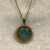 Twin Cat Blue Print in Wood Bezel Necklace on Gold Chain