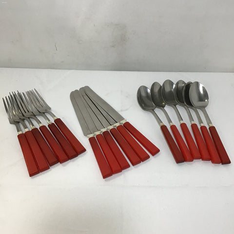 Vintage 18pc Service for 6 Red Plastic & Stainless Steel Flatware Set