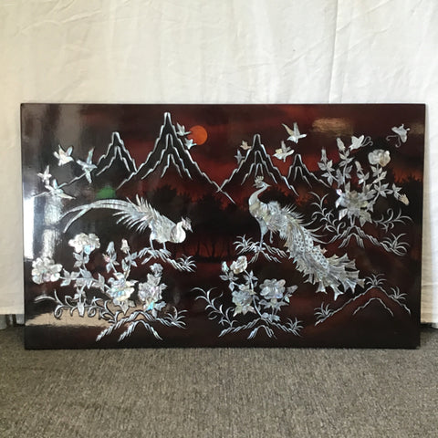 Vintage Mother-of-Pearl Inlaid Red & Black Lacquer Phoenix Panel