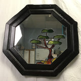 Vintage Black-Framed Stained Glass Tree & Mirror