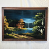 Framed Vintage Original Blue & Green Acrylic Landscape on Felt